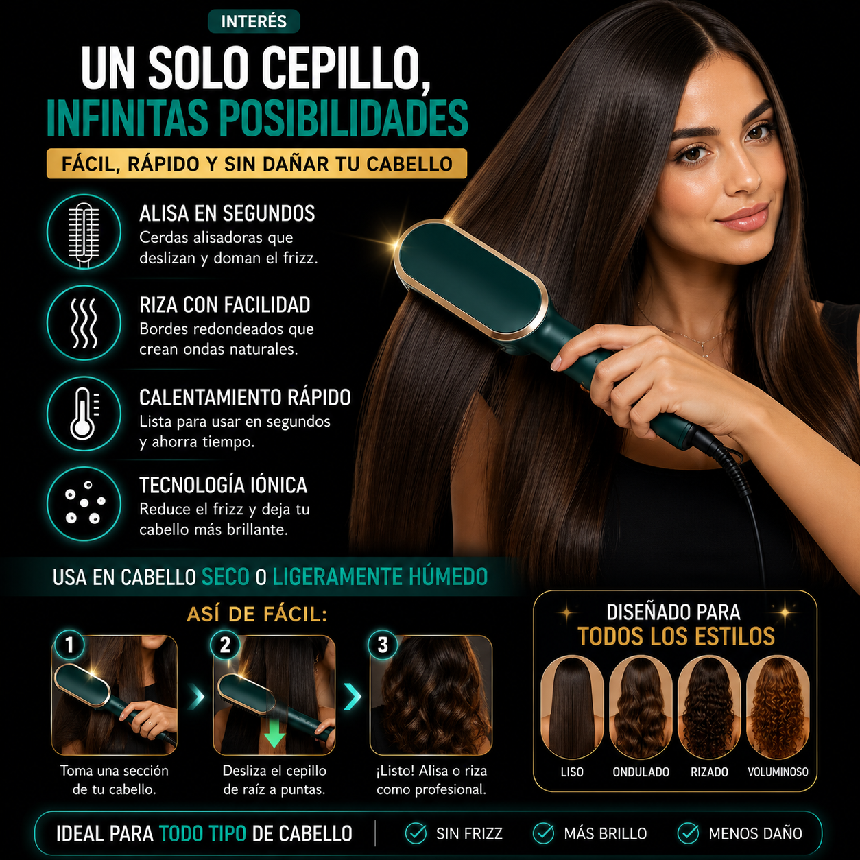 Cepillo de Peinado Profesional 2 en 1 - Cepillo Alizador Risador Multifuncional